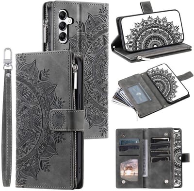 Telefoonhoesje geschikt voor Samsung Galaxy S25 FE 5G - Portemonnee met rits - book-case hoesje - ruimte voor 8 pasjes - mandala grijs