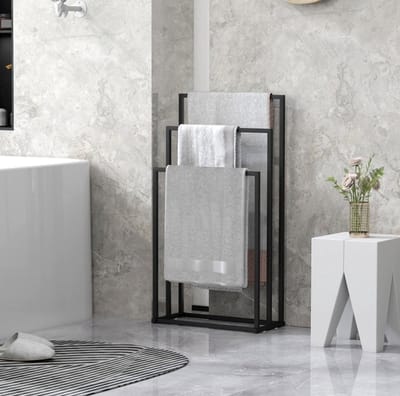 Wishdor - Droogrek - Vrijstaand handdoekenrek met 3 stangen - modern en ruimtebesparend - voor badkamer of wasruimte - metaal - zwart - 45 x 21,5 x 85 cm