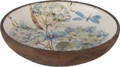Clayre & Eef Serveerschaal Ø 20x4 cm Wit Blauw Hout Bloemen
