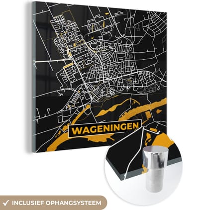 MuchoWow® Glasschilderij 50x50 cm - Schilderij acrylglas - Stadskaart - Wageningen - Goud - Zwart - Foto op glas - Schilderijen - Plattegrond