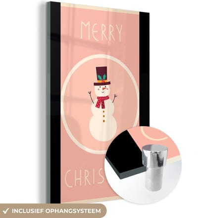 MuchoWow® Glasschilderij 120x180 cm - Schilderij acrylglas - Sneeuwpop - Quotes - Kerst - Merry christmas - Roze - Winter - Foto op glas - Schilderijen