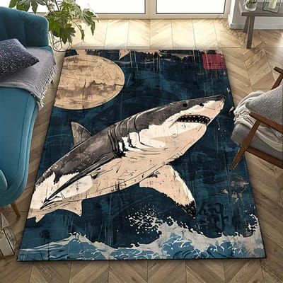 3D Haai Thema Bedrukt Tapijt Gedurfd Nautisch Horror Statement Vloerkleed voor Woonkamers Slaapkamers, Kantoorruimtes, Duurzame Wasbare Matten 50x80cm (20x31in)