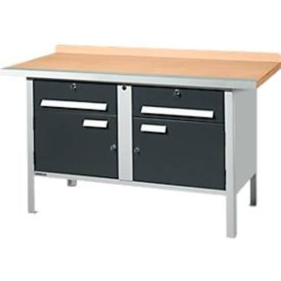 Schäfer Shop Select PWi 150-0 werkbank met kasten, beuken multiplexplaat, met stalen rand, tot 750 kg, B 1500 x D 700 x H 840 mm, antraciet/lichtgrijs