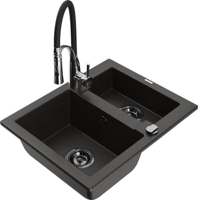 Mexen Carlos granieten spoelbak 1,5-kamer met keukenkraan Aster, zwart/goud metallic - 6518-75-73450-07-B