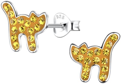 Joy|S - Zilveren kat poes oorbellen - 10 x 11 mm - oker geel met geel kristal - oorknoppen - kinderoorbellen
