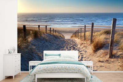 Behang - Fotobehang Zand - Strand - Duin - Zee - Zomer - Breedte 330 cm x hoogte 220 cm