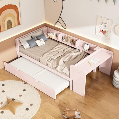 Kinderbed 90 x 200 cm met uittrekbed met bureau, met drie nachtkastjes, plat bed (roze)