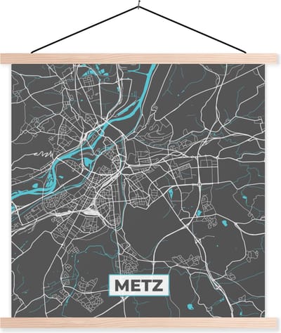 Posterhanger incl. Poster 40x40 cm - Schoolplaat - Frankrijk - Plattegrond - Kaart - Stadskaart - Metz - Textielposter - Blanke latten - Stadskaart