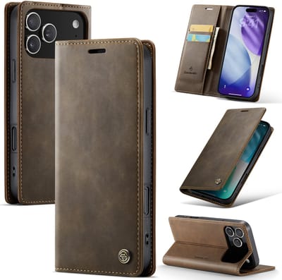 Casemania Hoesje Geschikt voor Apple iPhone 17 Pro - Cedar Brown - Luxe Kunstleer Dunne Telefoonhoesje met Pasjeshouder en Standaardfunctie - Slim Wallet Bookcase