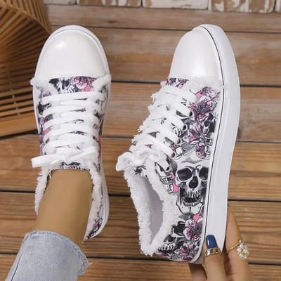 Dames Schedel Vleermuis Patroon Gevulkaniseerde Schoenen Schoenen Platte Schoenen Veterschoenen Dames Casual Ademende Canvas Schoen 43 gray