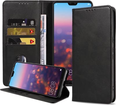Smartphonica Telefoonhoesje geschikt voor Huawei P20 kunstleren Hoesje met Magnetische sluiting en Pasjeshouders Book Case met Klepje - Zwart geschikt voor Huawei P20