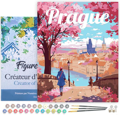 Figured'Art Schilderen op Nummer Volwassenen met lijst Reisposter Praag in Bloei - Handwerk acrylverf Kit DIY Compleet - 40x50cm Canvas al ingelijst