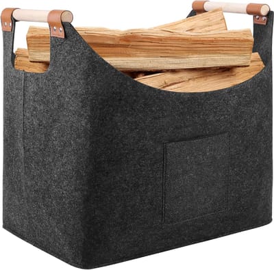 Equivera houtmand voor haardhout, 60 liter, mand voor brandhout,brandhoutmand, opslag binnen, opvouwbare vilten mand voor hout, opvouwbaar, transport en opslag (donkergrijs)