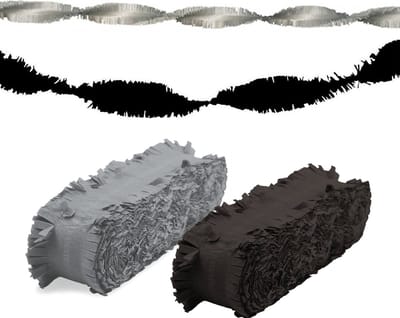 Folat versiering feest slingers - combi set - zilver en zwart - 24 meter - crepe papier - feestartikelen