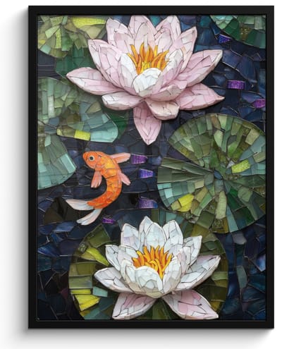 Poster in lijst - Fotolijst 50x70 cm - Posters - Glasstukjes - Leliebladeren - Vis - Oranje - Posterlijst zwart - Decoratie - Wanddecoratie woonkamer - Muurdecoratie slaapkamer