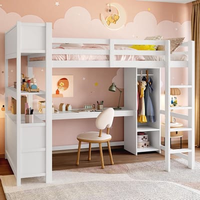 Pugsdrly Hoogslaper, 140 x 200 cm, planken, meerdere opbergvakken, bureau, kast, zonder matras, wit