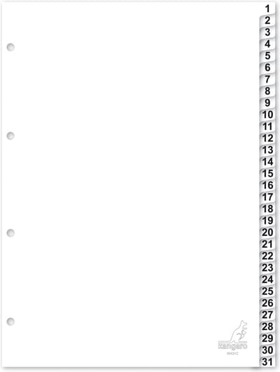 Kangaro tabbladen - A4 - PP 120 micron - wit - 4-gaats - 31-delig cijfers - W431C