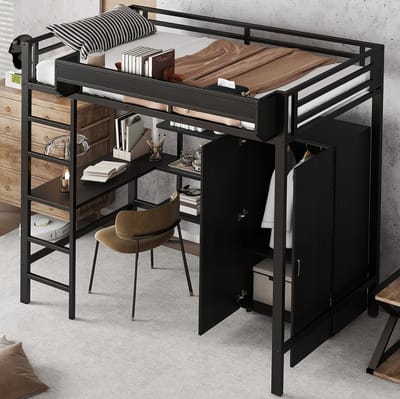 MEUNIQ hoogslaper 90x200 cm met bureau, kledingkast, open opbergruimte en 5-treden ladder, metalen bedframe met spaanplaat voor kinderkamer, zwart