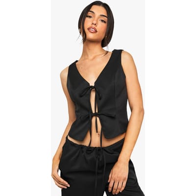 boohoo Dames Linnenlook Top met Strikdetail vooraan | Black | Maat: 8