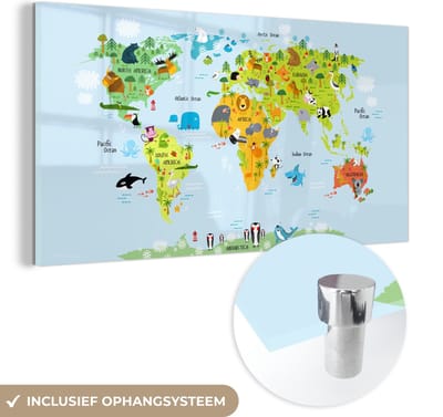 ® Glasschilderij 120x60 cm - Schilderij acrylglas - Wereldkaart Kinderen - Dieren - Kleuren - Foto op glas - Muurdecoratie woonkamer - Wanddecoratie slaapkamer - Schilderijen