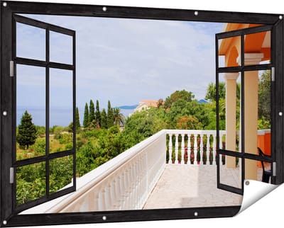 Gards Tuinposter Doorkijk Terras in Toscane - 150x100 cm - Tuindoek - Tuindecoratie - Wanddecoratie buiten - Tuinschilderij