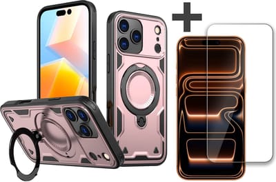 Hoesje Geschikt voor iPhone 17 Pro Max met gehard glas Screenprotector - Armor hoes met Ringhouder - Arara backcover - Rosegoud