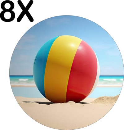 Luxe Ronde Placemat - Strandbal op het Strand bij een Zonnige Dag - Set van 8 Placemats - 50x50 cm - 2 mm dik Vinyl - Anti Slip - Afneembaar