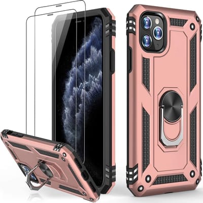 Telefoonhoesje Geschikt voor: iPhone 12 hoesje Schokbestendige ring armor met 2X Glas Screenprotector rose goud