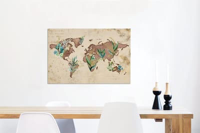 Aluminium schilderij 90x60 cm - Wanddecoratie metaal - Wereldkaart - Retro - Planten - Metalen muurdecoratie woonkamer - Decoratie industrieel - Foto op dibond - Industriële accessoires slaapkamer