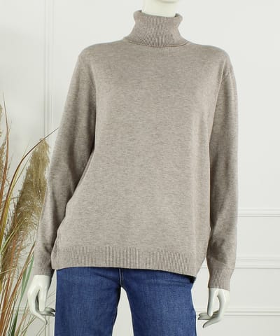 Dames col trui Roba-effen taupe melee bruin-fijngebreid-maat L/XL-koltrui-coltrui