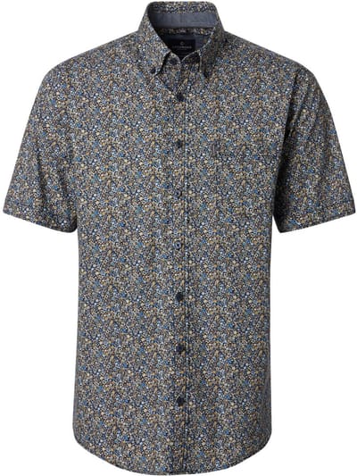 CASA MODA Sport comfort fit overhemd - popeline - blauw met bruin en geel fijn bloemetjes dessin - Strijkvriendelijk - Boordmaat: 39 - 40