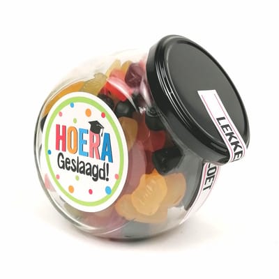 Geslaagd cadeau eindexamen - geslaagd snoeppot - Hoera Geslaagd - winegum snoep cadeau - diploma cadeau