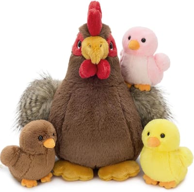 Grote Kip Knuffel - Pluche Dier - Spelen en decoreren - Met baby erin - 30 cm - Bruin geel rood