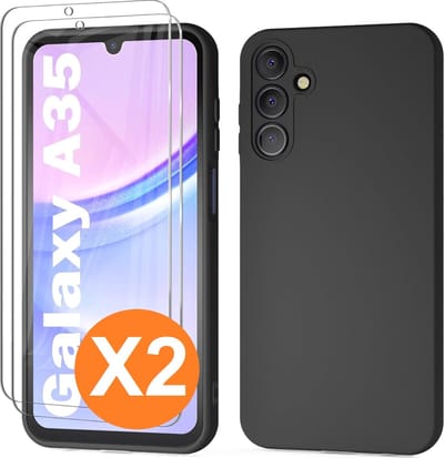 Hoesje geschikt voor Samsung Galaxy A35 siliconen hoesje Zwart zacht TPU backcover - Met gehard glas screenprotector - 2 stuks