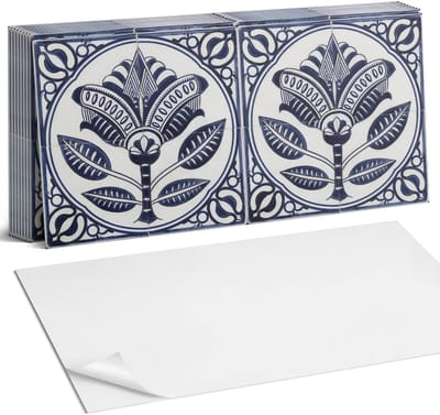Coloray Plaktegels - Bloemenkeramiek patroon Zelfklevende Wandtegels - 40 cm x 20 cm - Blauw Plaktegels - 10 stuks - Rechthoek PVC Tegels - Plaktegels Badkamer - Vloertegels Zelfklevend - Vinyl Tegels Zelfklevend - Portugese Tegels