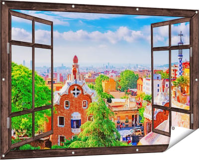 Gards Tuinposter Doorkijk Park Güell in Barcelona - Kleurrijk - 150x100 cm - Tuindoek - Tuindecoratie - Wanddecoratie buiten - Tuinschilderij