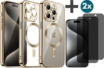 Hoesje met Privacy Screenprotectors 2 Stuks Geschikt voor iphone 15 Pro Max Hoesje - Geschikt voor MagSafe - Arara siliconen Backcover - Goud