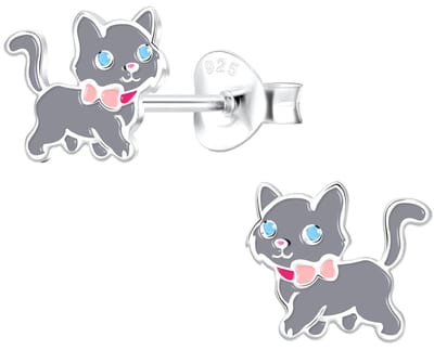 Joy|S - Zilveren kat poes oorbellen - 8 x 7 mm - grijs met roze strikje - kinderoorbellen