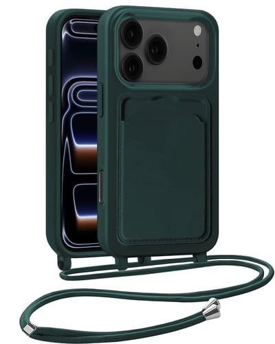 Hoesje Geschikt voor iPhone 17 Pro / 18 Pro Hoesje Met Telefoonkoord en Pasjeshouder Siliconen - Hoes Geschikt voor iPhone 17 Pro / 18 Pro Hoesje Met Kaarthouder Case - Donkergroen - 2 PACK