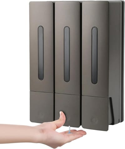 Famanu – Wand zeepdispenser zonder boren – 3 kamers – douchegel shampoo handzeep dispenser – wafelgrijs – voor badkamer/keuken/hotel