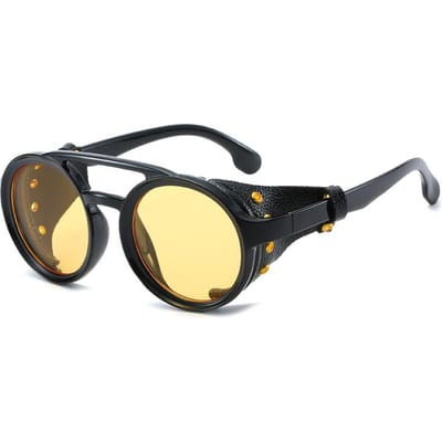 Lunettes de soleil boucliers Steampunk Hommes Femmes Lunettes de soleil Classiques Avec Côtés Cuir Forme Ronde Lunettes Punk Protection UV400 Lentilles