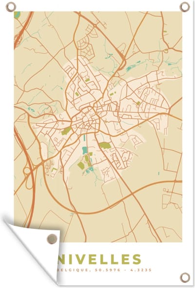 Muurdecoratie Vintage - Nivelles - Kaart - Plattegrond - Stadskaart - 120x180 cm - Tuinposter - Tuindoek