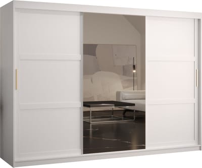 Zweefdeurkast met spiegel Kledingkast met 3 schuifdeuren Garderobekast slaapkamerkast Kledingstang met planken (LxHxP): 250x200x60 cm - Rumble II (Wit, 250)