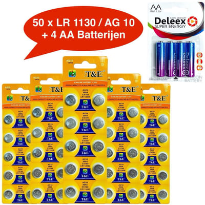 AG10 / 389A horloge knoopcel batterijen - 5x10 strips = 50 stuks + 4 stuks AA Batterijen ( ook bekend als 389A-LR1130W-CX189-AG-10)