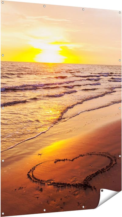 Gards Tuinposter Zonsondergang op het Strand met een Hartje - 120x180 cm - Tuindoek - Tuindecoratie - Wanddecoratie buiten - Tuinschilderij