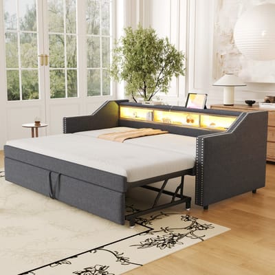 MEUNIQ slaapbank 90/180 x 190 cm met uitschuifbaar bedframe, 3 opbergvakken, LED-verlichting, USB-aansluiting en lattenbodem voor slaapkamer of logeerkamer, donkergrijs