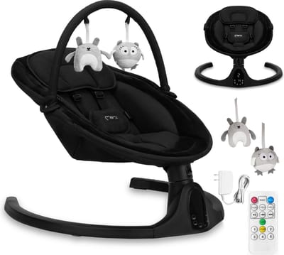 MoMi Kenani Onyx - Elektrische Babyschommel - Bluetooth - Afstandsbediening - 5 Schommelsnelheden - Zwart