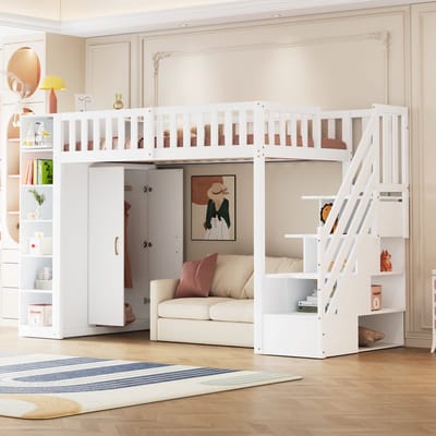 Hoogslaper 90x200 - Met Boekenkast Opbergkast En Grote Kledingkast - Met Opbergtrap - Wit