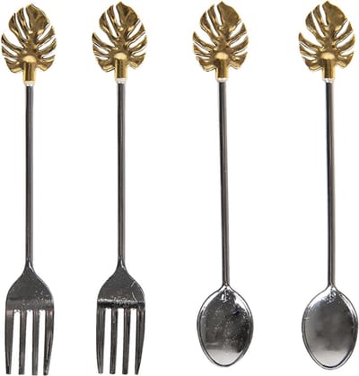 Clayre & Eef Dessertbestek Set van 4 14*10*2 cm Goudkleurig Zink Blaadjes Bestekset Bestek Set Dessert Bestek