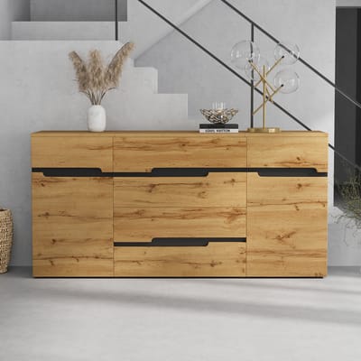 Dressoir - 160x40x80 cm - Kast met 2 Deuren en 4 Laden - Greeploos en Modern - Hout - Houtkleur en Zwart